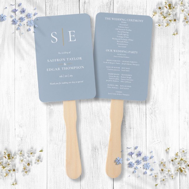 Dusty Blue And Gold Monogram Wedding Program Hand Fan (Dusty Blue And Gold Monogram Wedding Program Hand Fan)