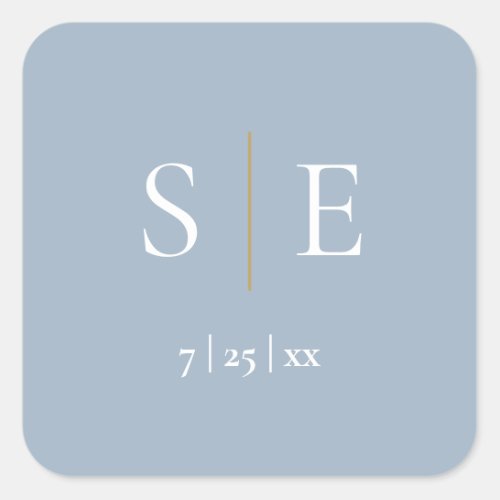 Dusty Blue And Gold Monogram Wedding Square Sticker