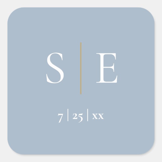 Dusty Blue And Gold Monogram Wedding Square Sticker (Front)