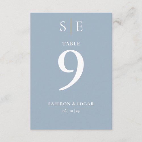 Dusty Blue And Gold Monogram Wedding Table Number 