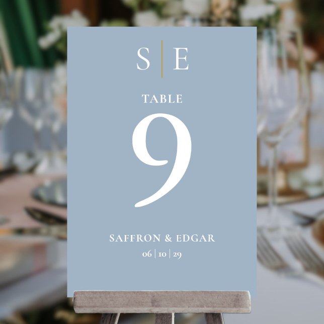Dusty Blue And Gold Monogram Wedding Table Number  (Dusty Blue And Gold Monogram Wedding Table Number)