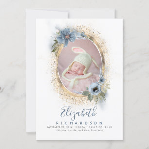 Dusty Blue and Gold Photo Baby Birth Announcement