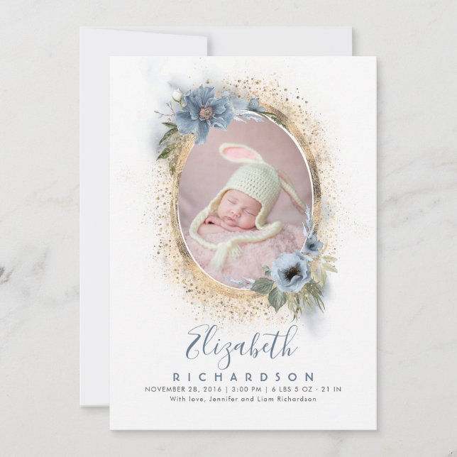 Dusty Blue and Gold Photo Baby Birth Announcement (Front)