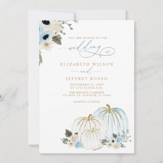 Dusty Blue and Gold Pumpkins Fall Wedding Invitation