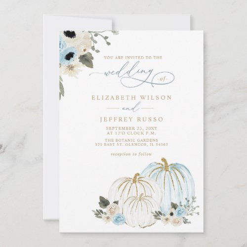 Dusty Blue and Gold Pumpkins Fall Wedding Invitation