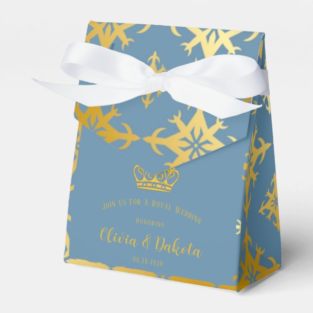 Dusty Blue and Gold Royal Crown Wedding  Favor Boxes (Front Side)
