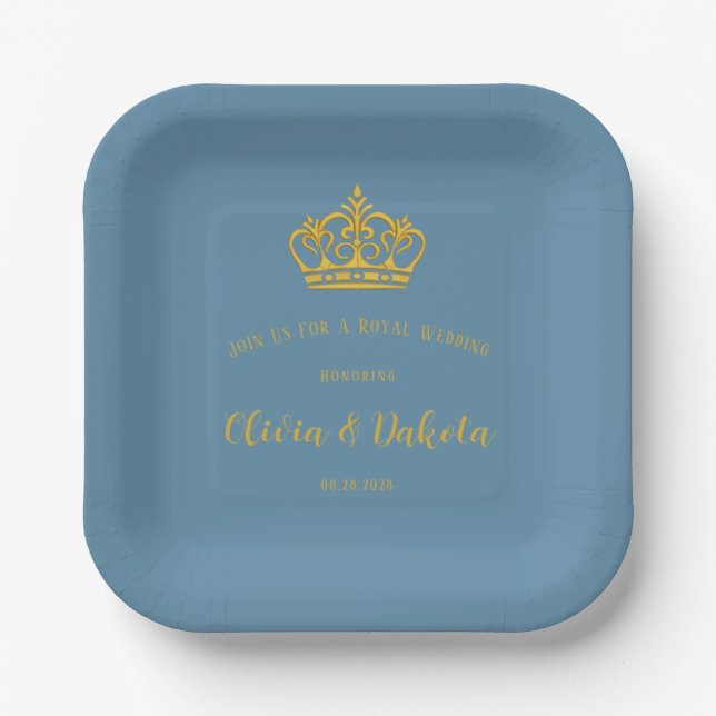 Dusty Blue and Gold Royal Crown Wedding Paper Plates (Front)