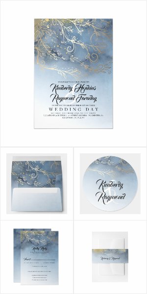 Dusty Blue and Gold Swirls Wedding Invitation Set