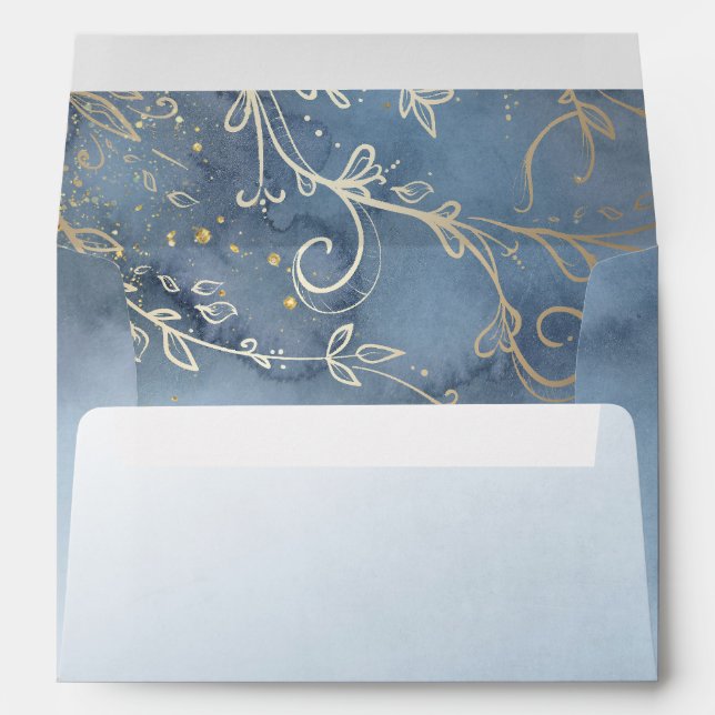 Dusty Blue and Gold Swirls Elegant Wedding Envelope (Back (Bottom))