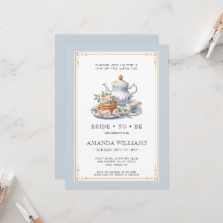 Dusty Blue and Gold Tea Party Bridal Shower Invitation