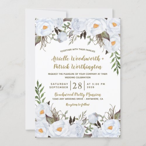 Dusty Blue and Gold Vintage Floral Wedding Invitation