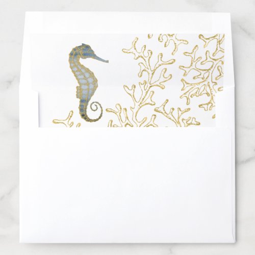 Dusty Blue and Gold Watercolor Seahorse Coastal Envelope Liner