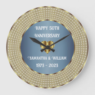 Dusty Blue And Gold Wedding Anniversary Geometric Large Clock