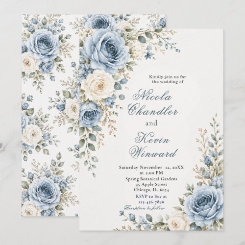 Dusty Blue and Gold Wedding Invitation
