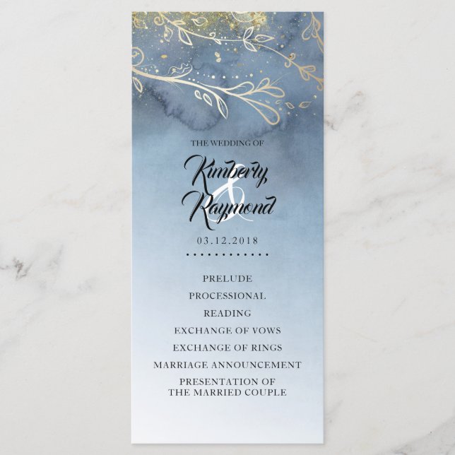 Dusty Blue and Gold Wedding Programs (Front)