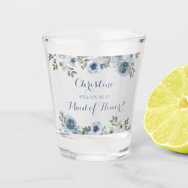 Dusty Blue And Gray Floral Botanical Wedding Shot Glass (Front)