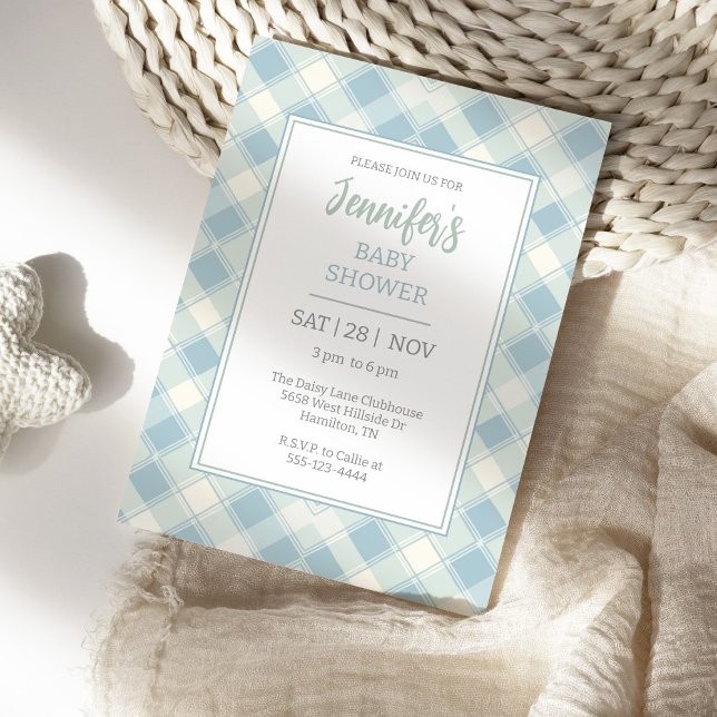 Dusty Blue and Green Baby Shower  Invitation (Gingham Plaid baby Shower Invitation Dusty Blue and Sea Foam Green)