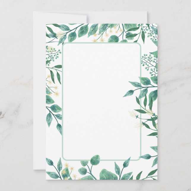 Dusty blue and green leaf blank invitation (Front)