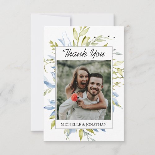 Dusty Blue and Green Watercolor Greenery Photo Thank You Card