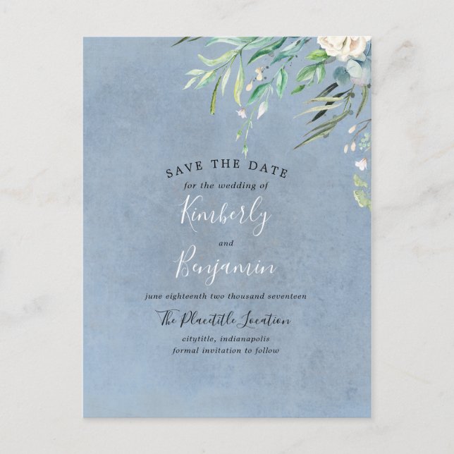 Dusty Blue and Greenery Save the Date Announcement Postcard (Front)