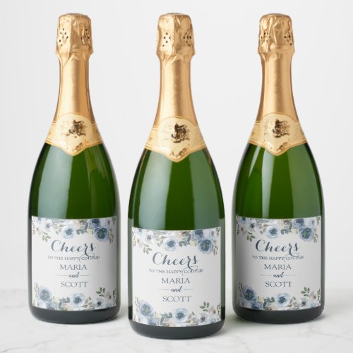 Dusty Blue And Grey Floral Botanical Wedding   Cha Sparkling Wine Label