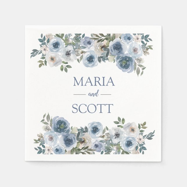 Dusty Blue And Grey Floral Botanical Wedding Napki Napkins (Front)