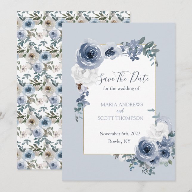 Dusty Blue and Grey Floral Botanical Wedding Save The Date (Front/Back)