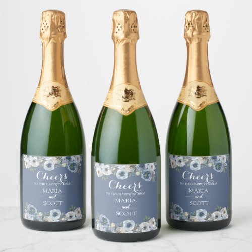 Dusty Blue And Grey Floral Botanical Wedding   Sparkling Wine Label