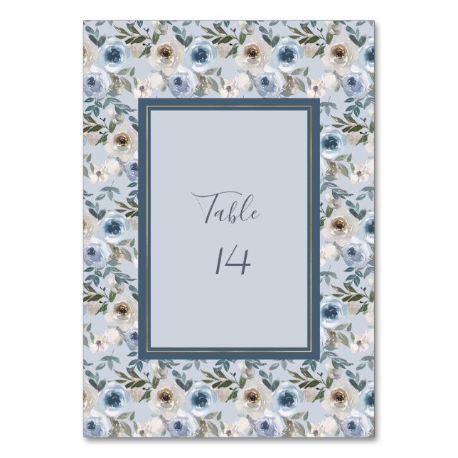 Dusty Blue and Grey Floral Botanical Wedding Table Number (Front)