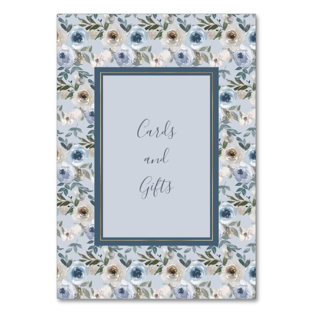 Dusty Blue and Grey Floral Botanical Wedding Table Number (Front)