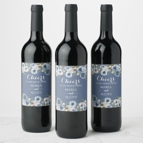 Dusty Blue And Grey Floral Botanical Wedding Wine Label