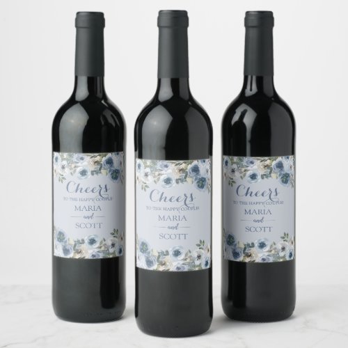Dusty Blue And Grey Floral Botanical Wedding   Wine Label