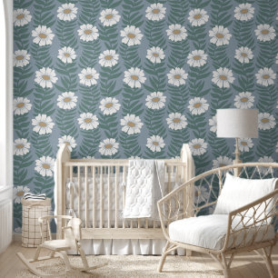 Dusty Blue and Ivory Climbing Wavy Flower Stripe Wallpaper