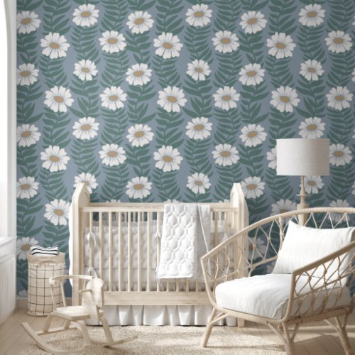 Dusty Blue and Ivory Climbing Wavy Flower Stripe Wallpaper