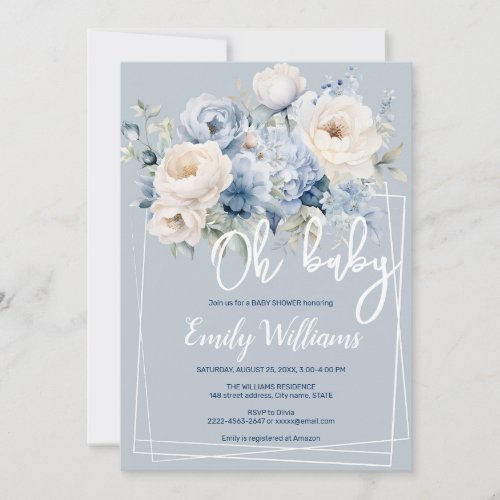 Dusty blue and ivory floral baby shower invitation