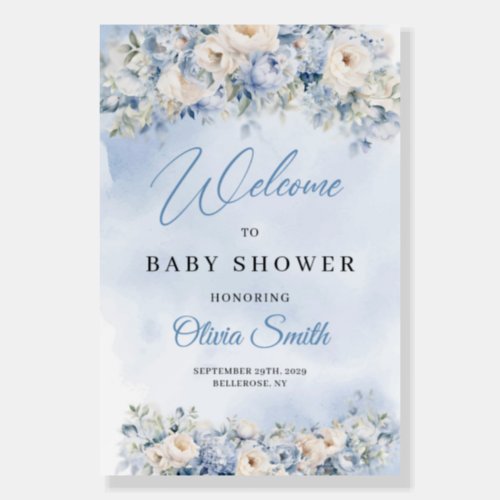 Dusty Blue and Ivory Flowers baby shower welcome Foam Board