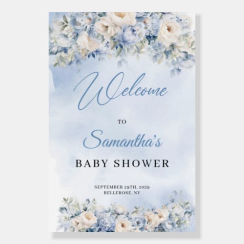 Dusty Blue and Ivory Flowers baby shower welcome Foam Board