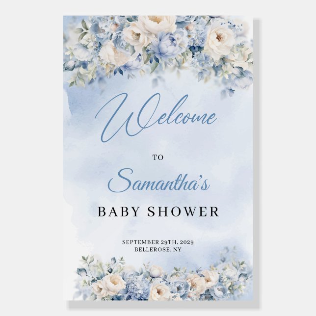 Dusty Blue and Ivory Flowers baby shower welcome Foam Board (Front)