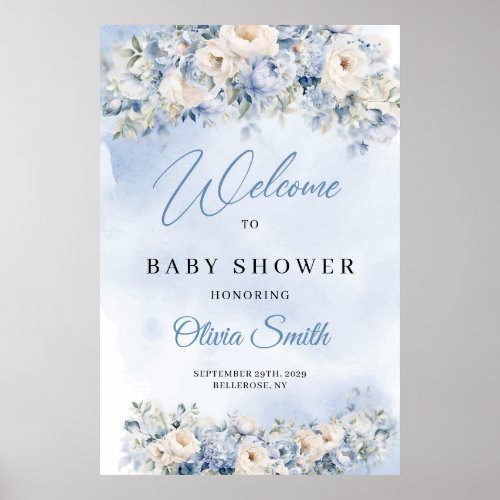 Dusty Blue and Ivory Flowers Baby Shower welcome Poster