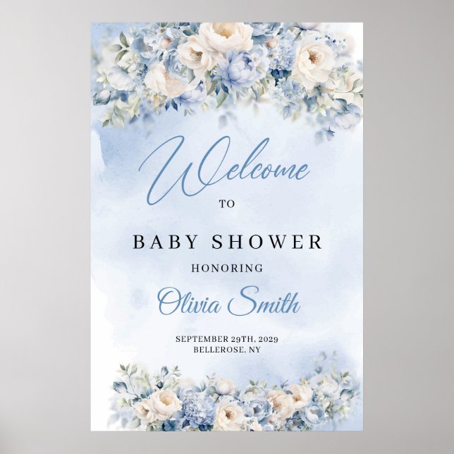 Dusty Blue and Ivory Flowers Baby Shower welcome Poster (Front)