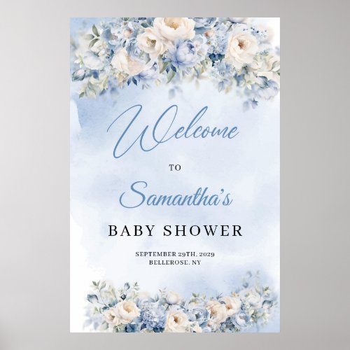 Dusty Blue and Ivory Flowers Baby Shower welcome Poster