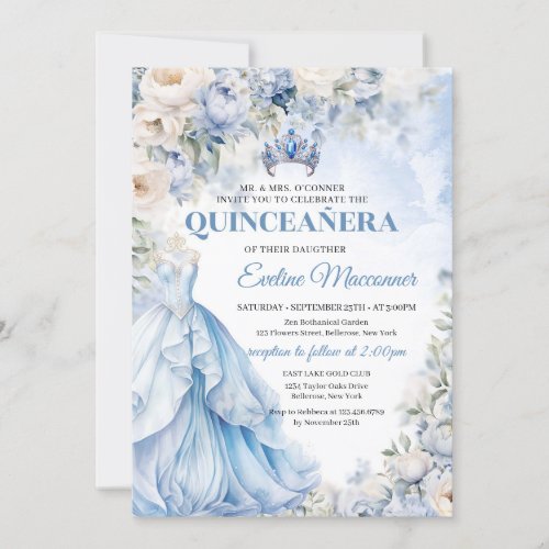 Dusty Blue and Ivory Flowers Blue Princess Dress Invitation