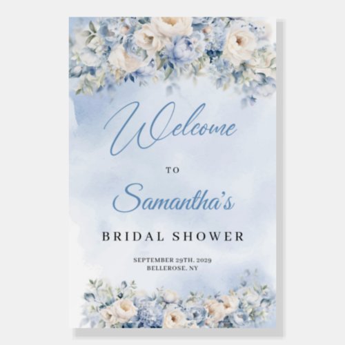 Dusty Blue and Ivory Flowers bridal shower welcome Foam Board