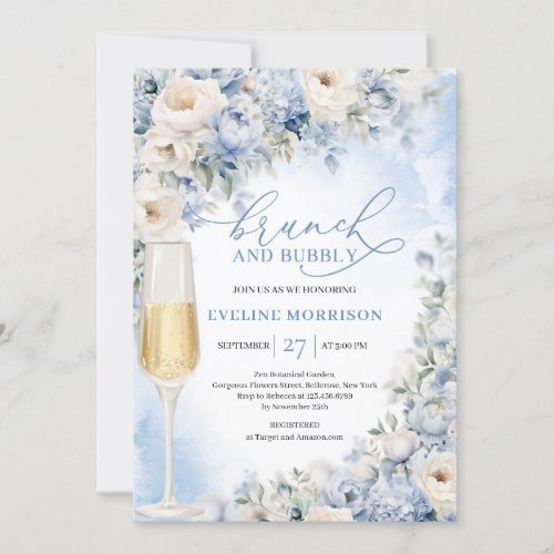 Dusty Blue and Ivory Flowers brunch and bubbly  Invitation