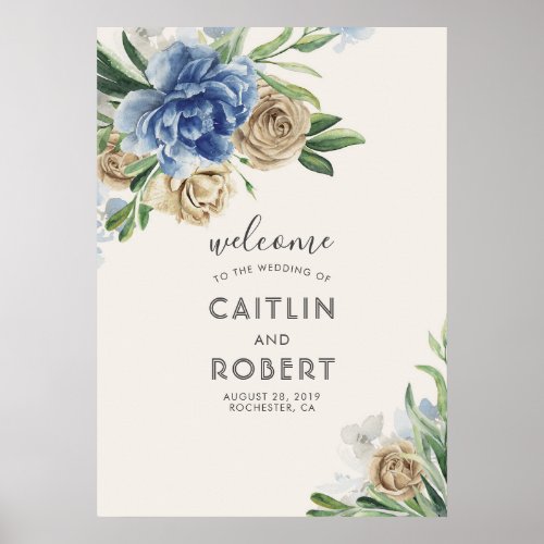 Dusty Blue and Ivory Flowers Poster