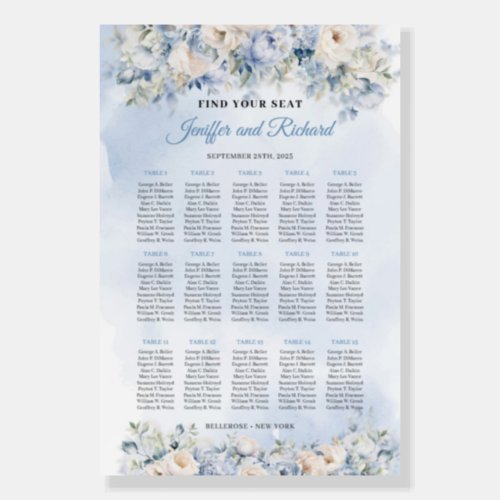 Dusty Blue and Ivory Flowers Tables seating chart  Foam Board