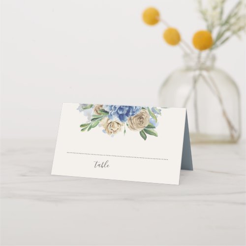 Dusty Blue and Ivory Flowers Watercolor Place Card