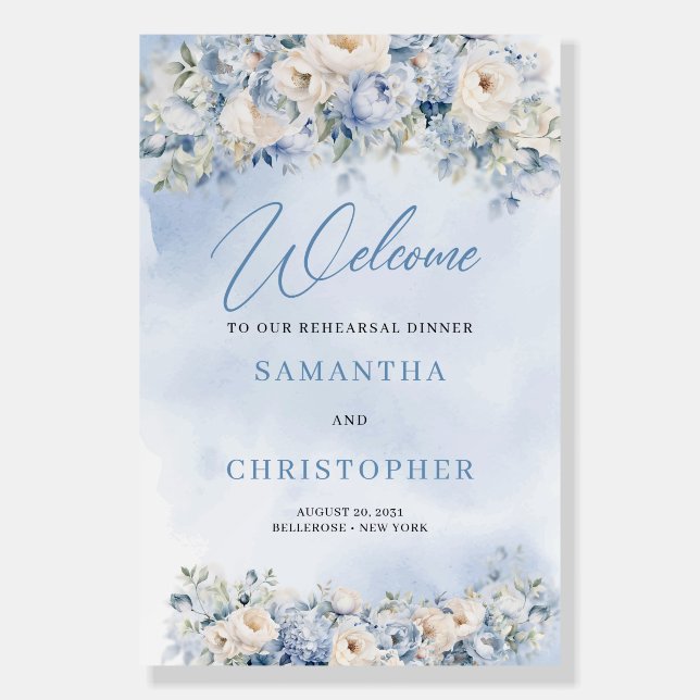 Dusty Blue and Ivory rehearsal dinner welcome Foam Board (Front)