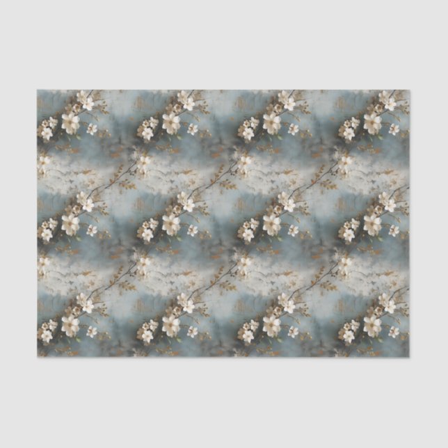 Dusty Blue and Ivory Shabby Floral Decoupage Paper (Front)