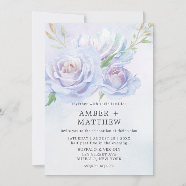 Dusty Blue and Lavender Paint Peony Wedding Invite (Front)